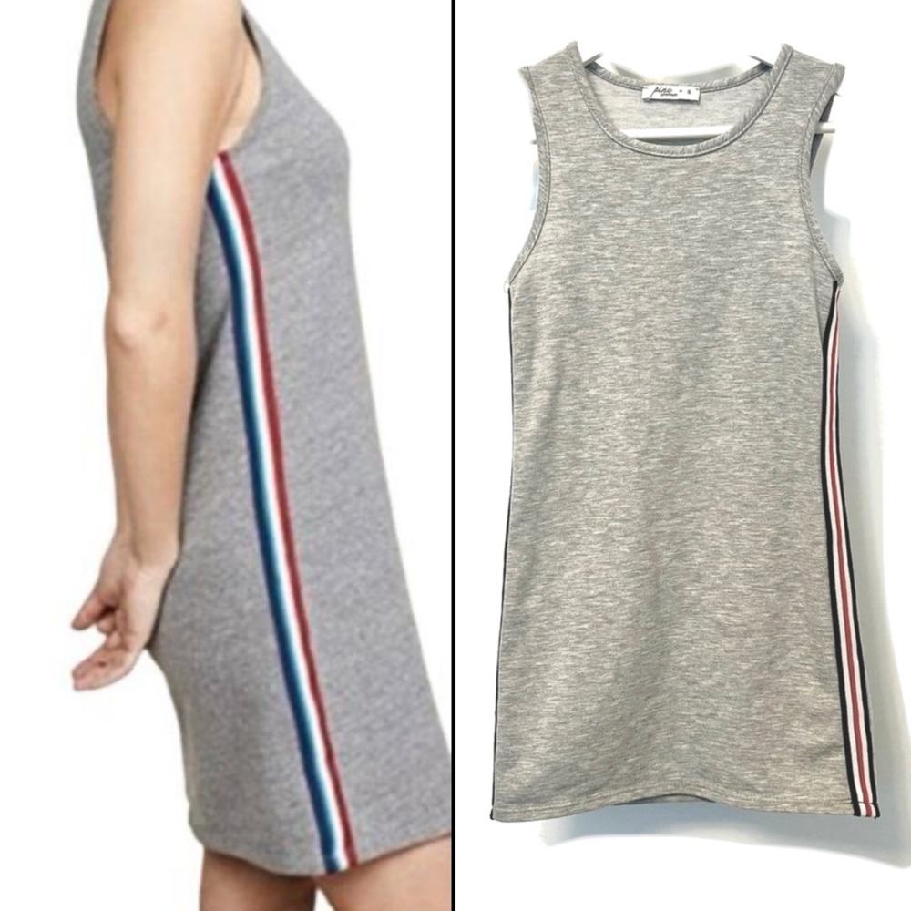 Pinc Gray Sleeveless Tank Cotton Dress with Striped Detail